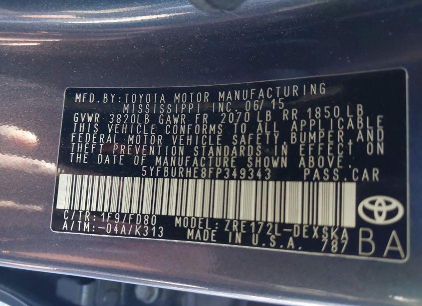 Photo 9 of 2015 Toyota Corolla L/LE/LE PLS/PRM/S/S PLS (VIN 5YFBURHE8FP349343)