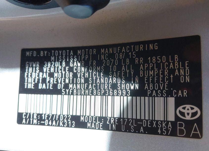 Photo 9 of 2016 Toyota Corolla S PLUS (VIN 5YFBURHE8GP368993)