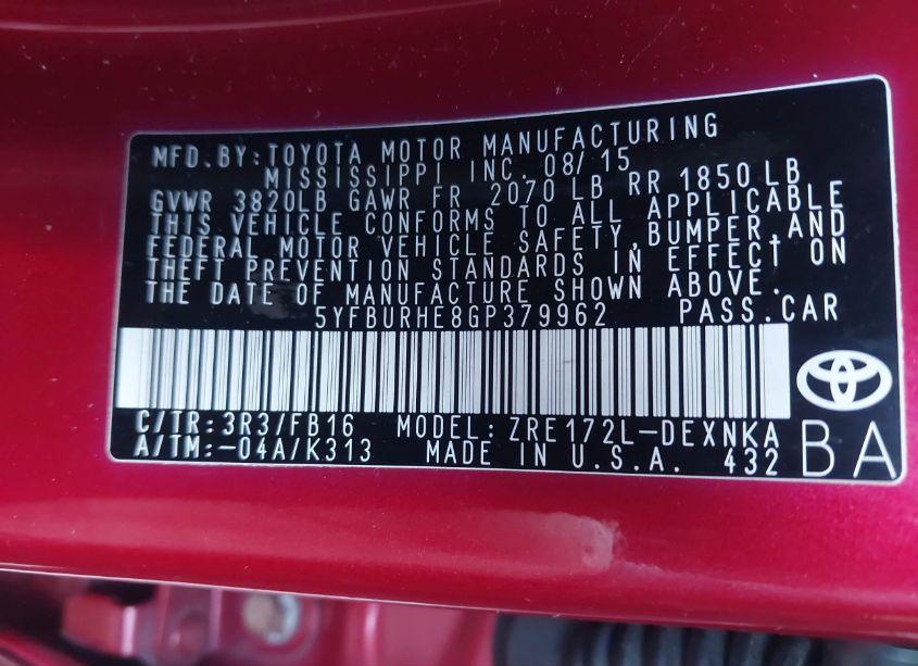 Photo 9 of 2016 Toyota Corolla LE (VIN 5YFBURHE8GP379962)