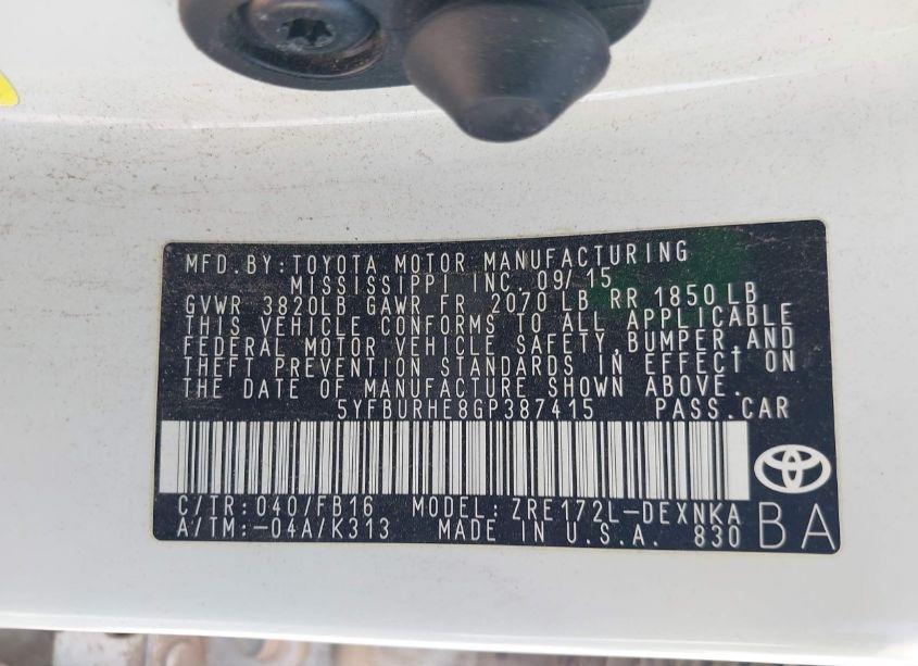 Photo 9 of 2016 Toyota Corolla LE (VIN 5YFBURHE8GP387415)