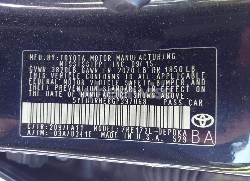 Photo 9 of 2016 Toyota Corolla L (VIN 5YFBURHE8GP397068)