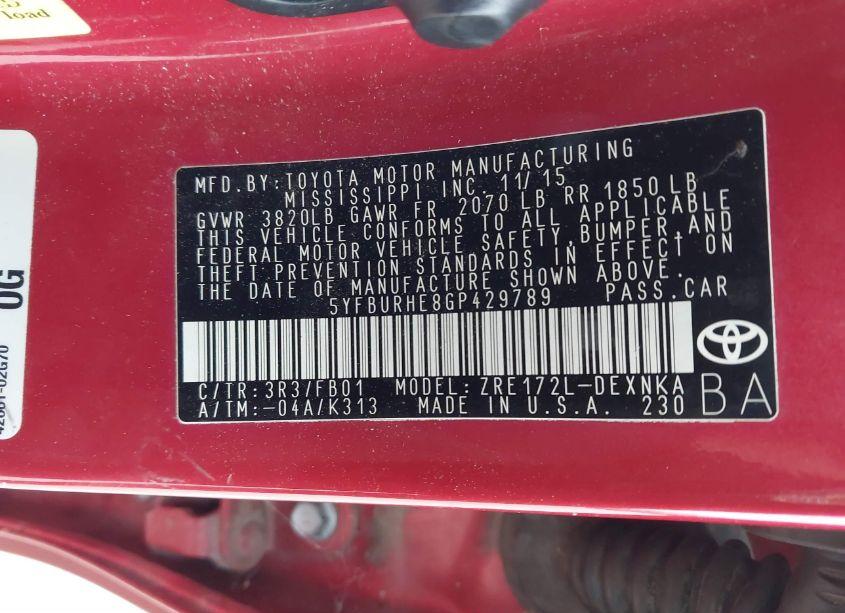 Photo 9 of 2016 Toyota Corolla LE (VIN 5YFBURHE8GP429789)