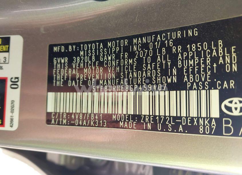 Photo 9 of 2016 Toyota Corolla LE (VIN 5YFBURHE8GP459407)