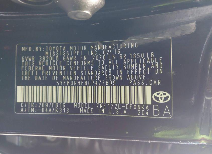 Photo 9 of 2016 Toyota Corolla LE (VIN 5YFBURHE8GP477809)