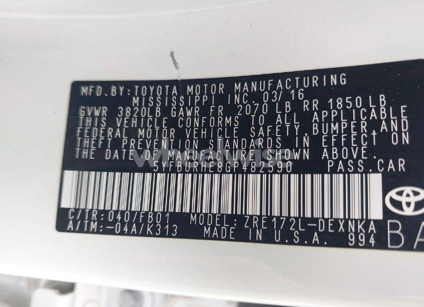 Photo 9 of 2016 Toyota Corolla LE (VIN 5YFBURHE8GP482590)