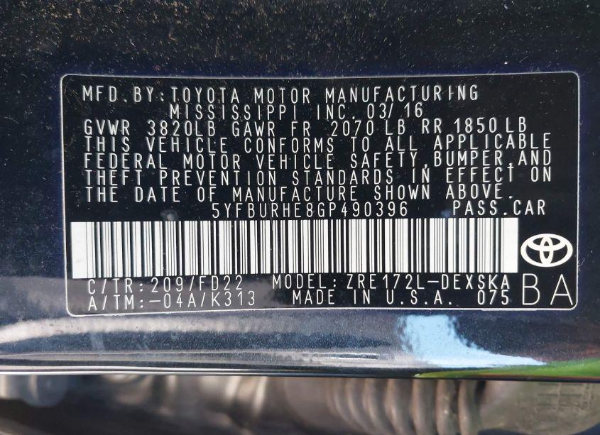 Photo 9 of 2016 Toyota Corolla S PLUS (VIN 5YFBURHE8GP490396)