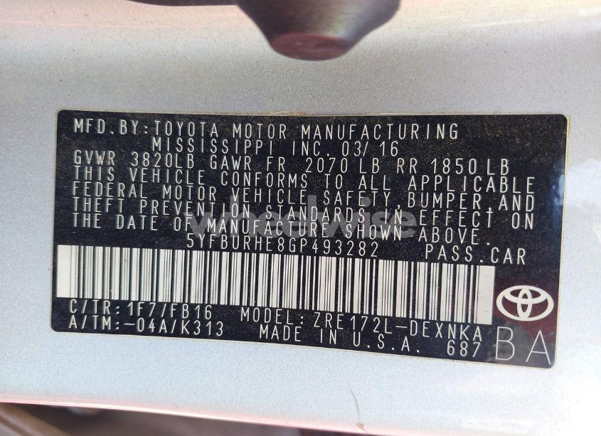 Photo 9 of 2016 Toyota Corolla LE (VIN 5YFBURHE8GP493282)