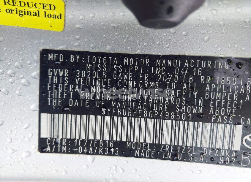 Photo 9 of 2016 Toyota Corolla L/LE/LE PLUS/LE PREMIUM/S/S PLUS/S PREMIUM/S W/SPECIAL EDITION PKG (VIN 5YFBURHE8GP498501)