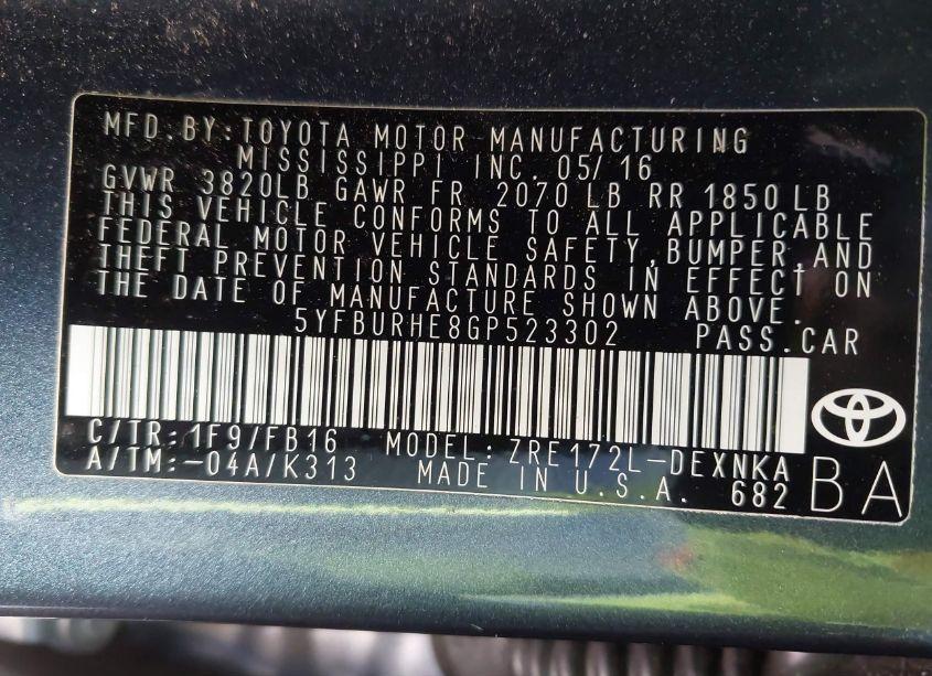 Photo 9 of 2016 Toyota Corolla LE (VIN 5YFBURHE8GP523302)
