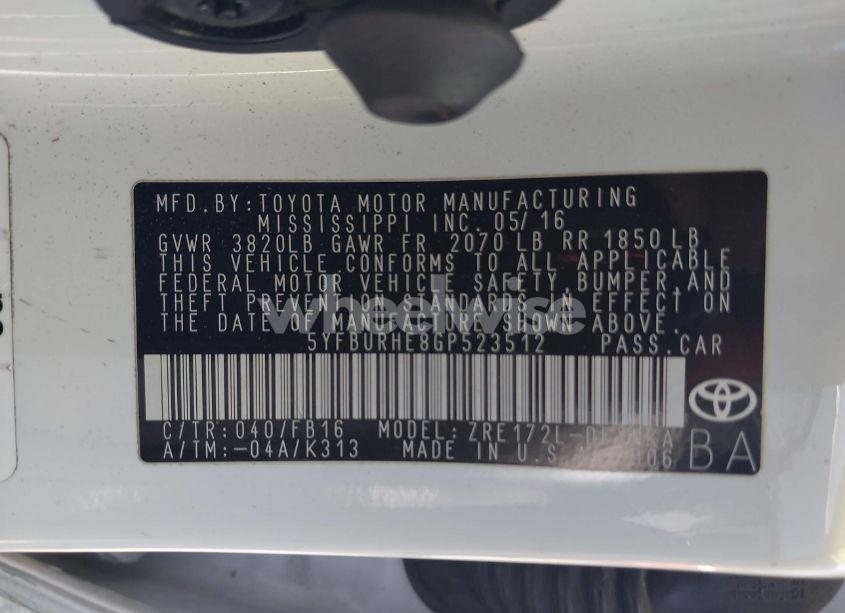 Photo 9 of 2016 Toyota Corolla LE (VIN 5YFBURHE8GP523512)