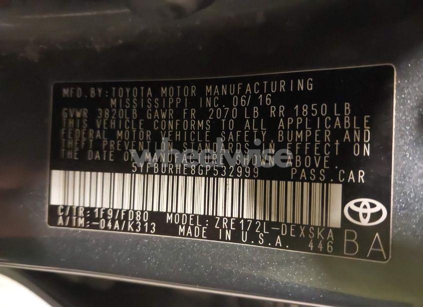 Photo 9 of 2016 Toyota Corolla S PLUS (VIN 5YFBURHE8GP532999)