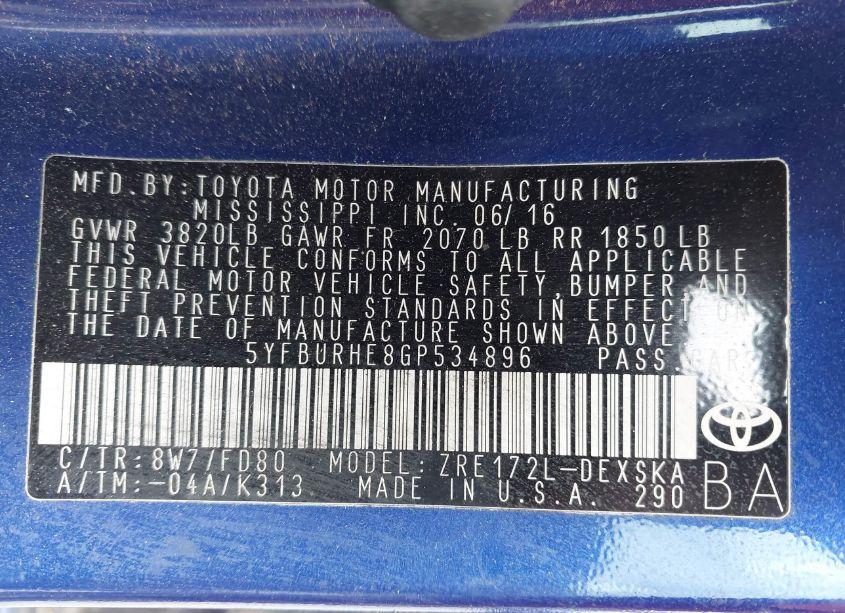 Photo 9 of 2016 Toyota Corolla S PLUS (VIN 5YFBURHE8GP534896)