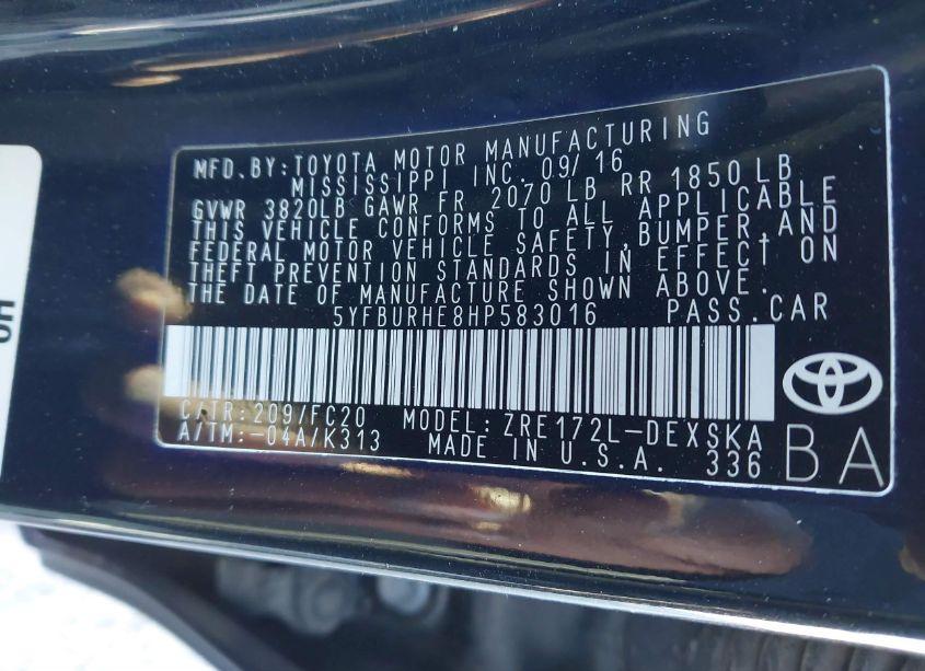 Photo 9 of 2017 Toyota Corolla SE (VIN 5YFBURHE8HP583016)