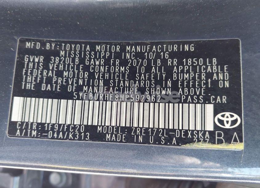 Photo 9 of 2017 Toyota Corolla SE (VIN 5YFBURHE8HP592962)