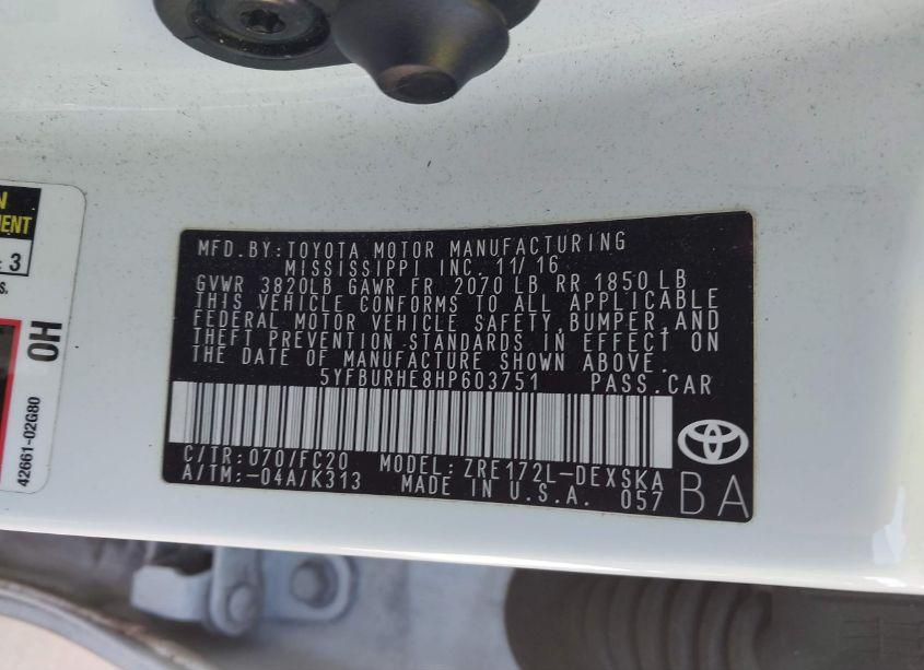 Photo 9 of 2017 Toyota Corolla SE (VIN 5YFBURHE8HP603751)