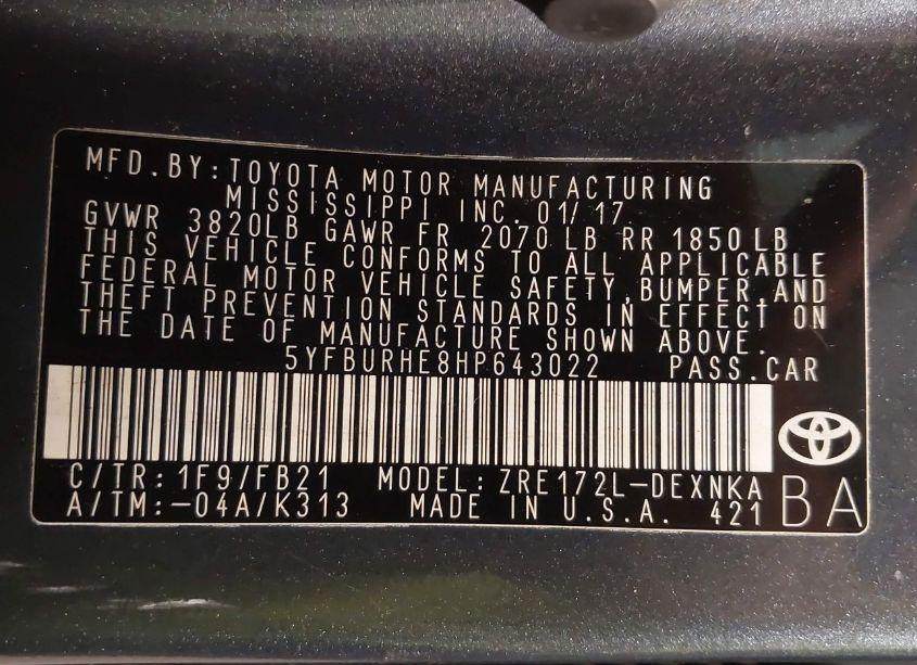 Photo 9 of 2017 Toyota Corolla LE (VIN 5YFBURHE8HP643022)