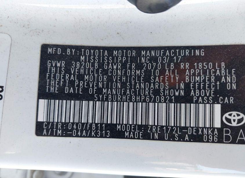 Photo 9 of 2017 Toyota Corolla L/LE/XLE/SE/XSE (VIN 5YFBURHE8HP670821)