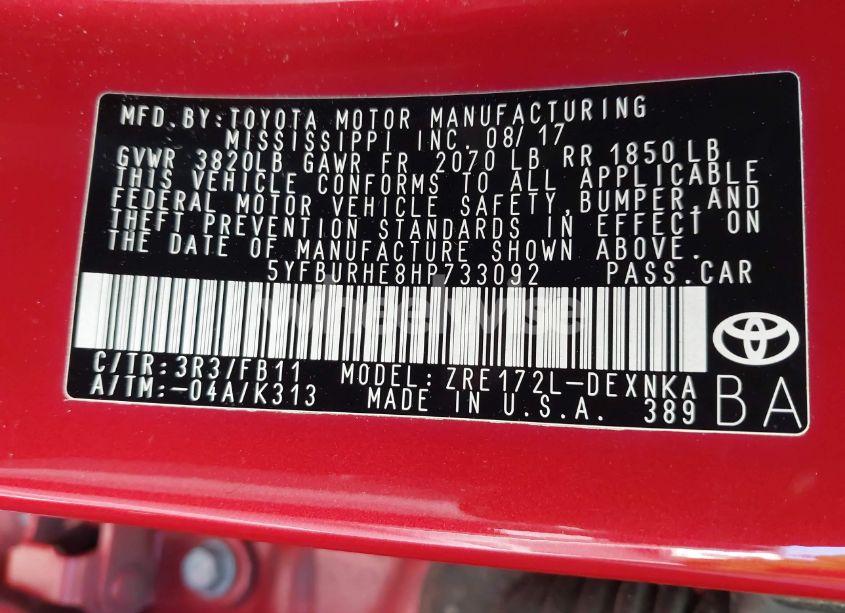 Photo 9 of 2017 Toyota Corolla LE (VIN 5YFBURHE8HP733092)