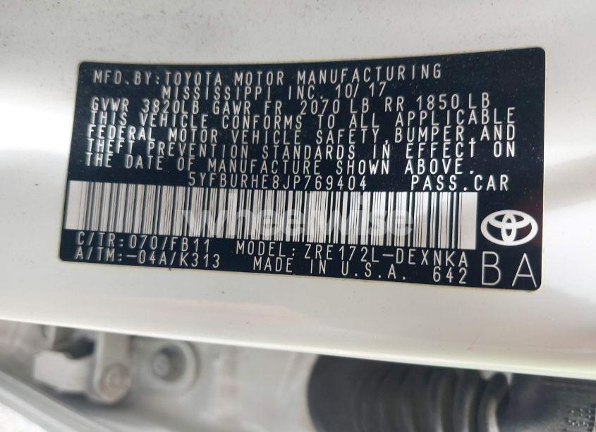 Photo 9 of 2018 Toyota Corolla LE (VIN 5YFBURHE8JP769404)