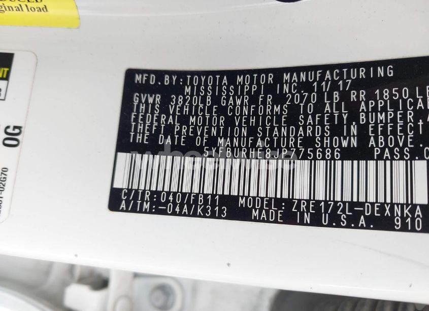 Photo 9 of 2018 Toyota Corolla LE (VIN 5YFBURHE8JP775686)