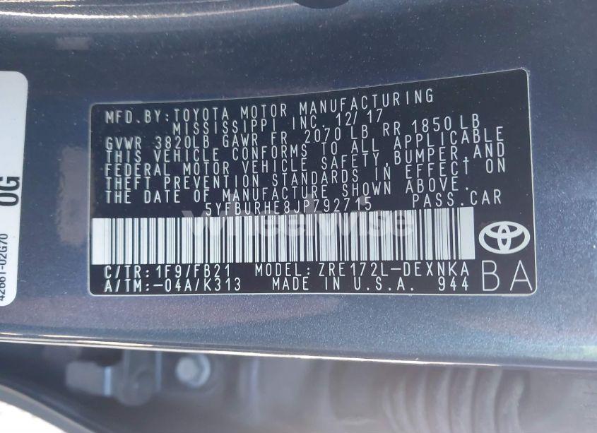 Photo 9 of 2018 Toyota Corolla LE (VIN 5YFBURHE8JP792715)