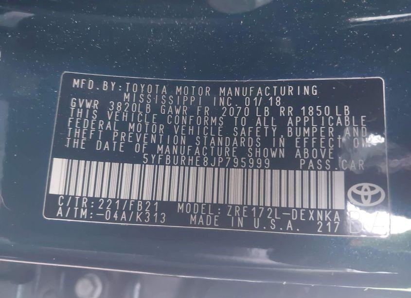 Photo 9 of 2018 Toyota Corolla LE (VIN 5YFBURHE8JP795999)