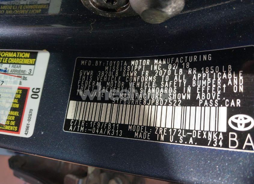 Photo 9 of 2018 Toyota Corolla LE (VIN 5YFBURHE8JP807522)