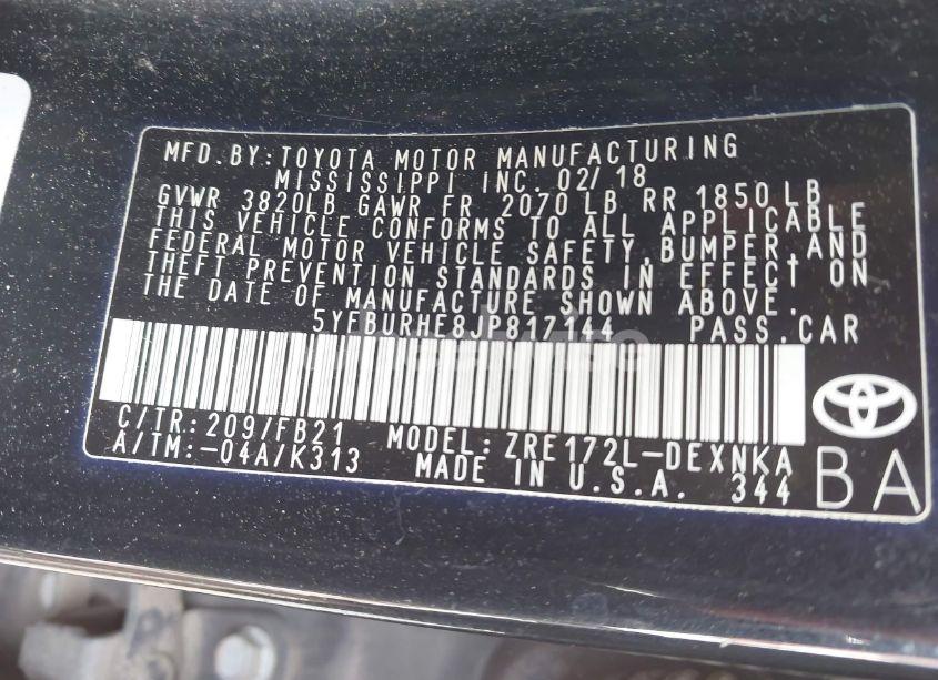 Photo 9 of 2018 Toyota Corolla LE (VIN 5YFBURHE8JP817144)