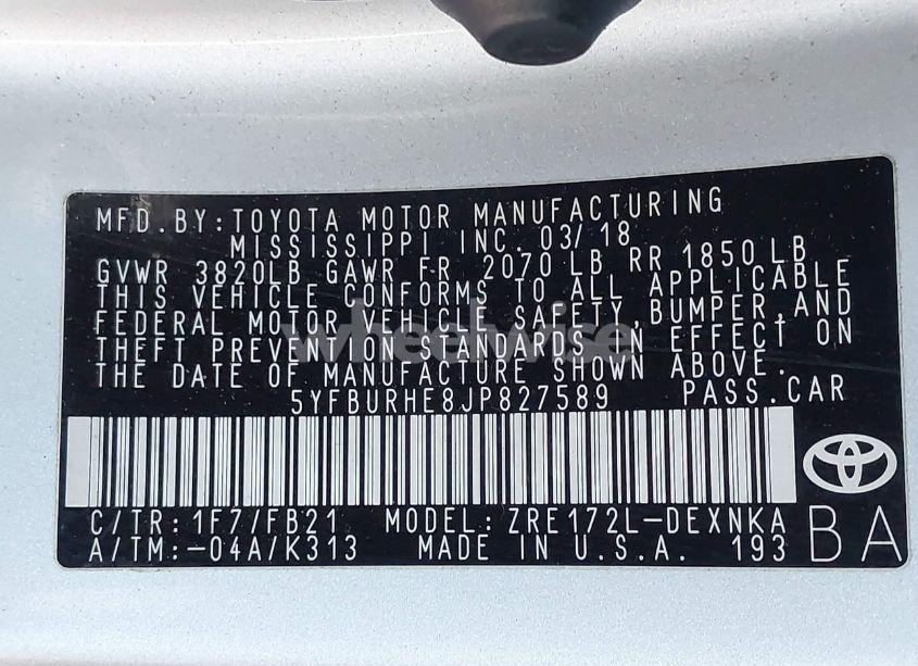 Photo 9 of 2018 Toyota Corolla LE (VIN 5YFBURHE8JP827589)