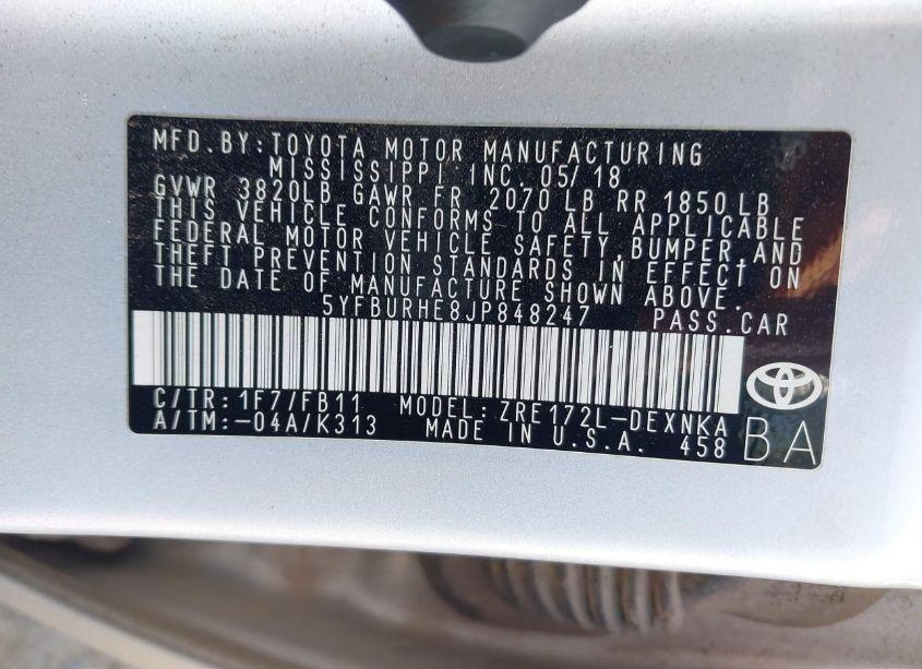 Photo 9 of 2018 Toyota Corolla LE (VIN 5YFBURHE8JP848247)