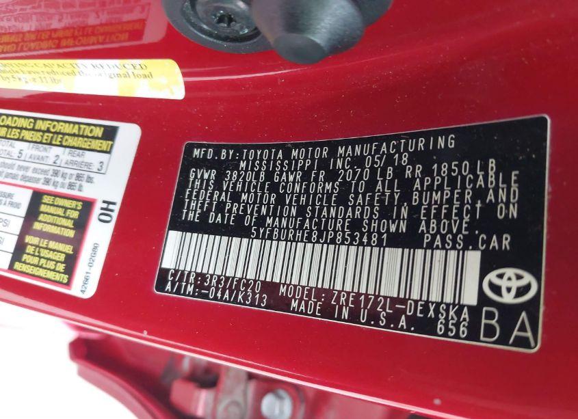 Photo 9 of 2018 Toyota Corolla SE (VIN 5YFBURHE8JP853481)