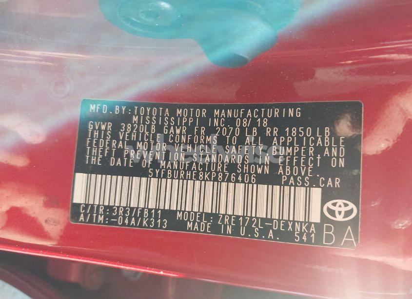 Photo 9 of 2019 Toyota Corolla LE (VIN 5YFBURHE8KP876406)