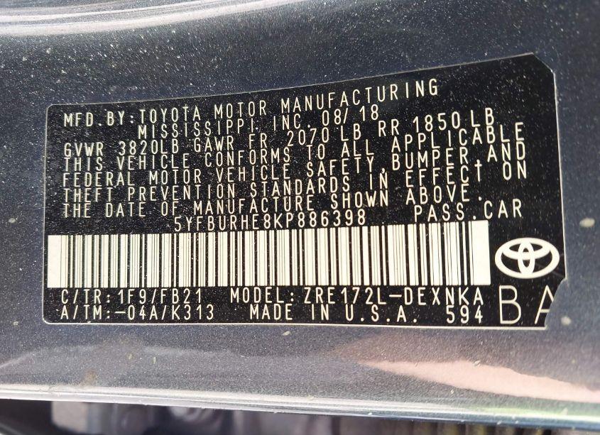 Photo 9 of 2019 Toyota Corolla LE (VIN 5YFBURHE8KP886398)