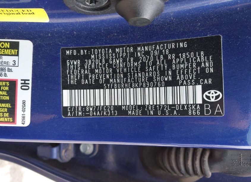 Photo 9 of 2019 Toyota Corolla SE (VIN 5YFBURHE8KP890760)