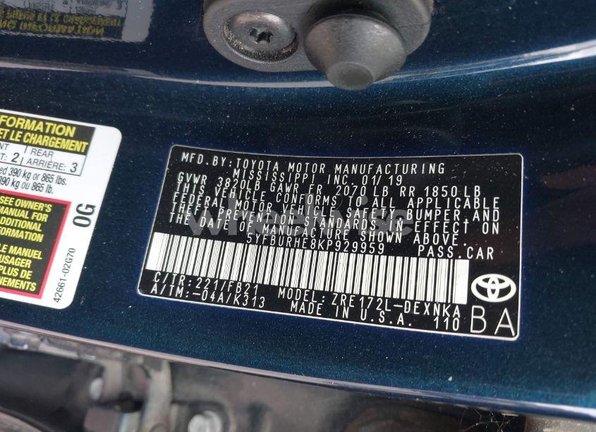 Photo 9 of 2019 Toyota Corolla LE (VIN 5YFBURHE8KP929959)