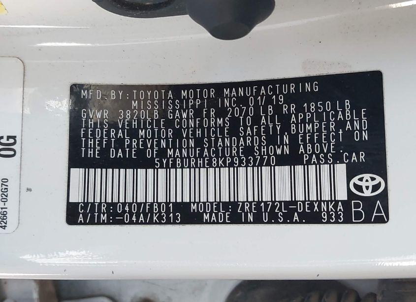 Photo 9 of 2019 Toyota Corolla LE (VIN 5YFBURHE8KP933770)