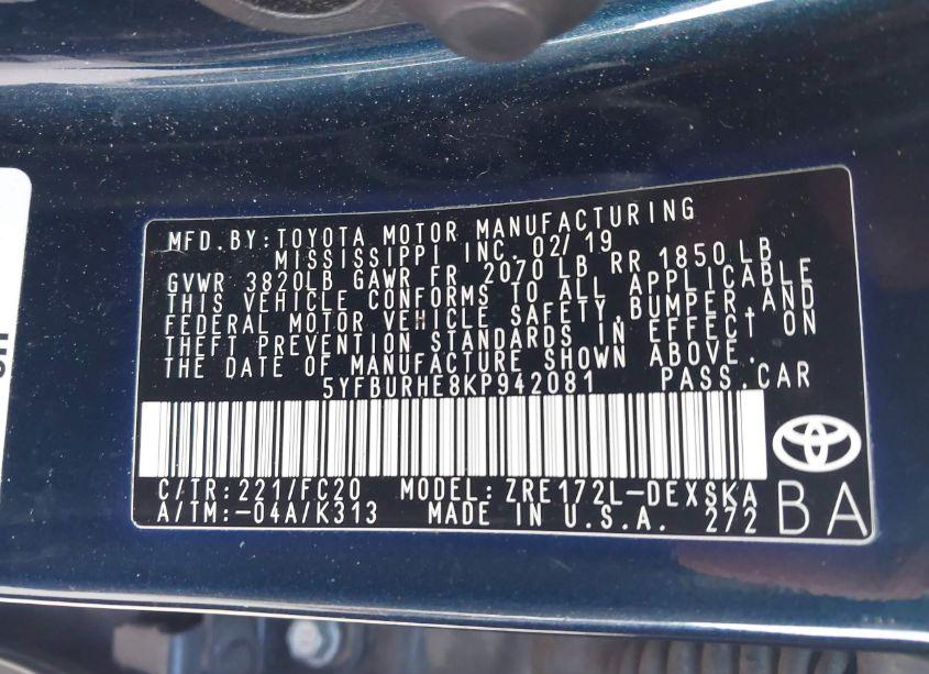 Photo 9 of 2019 Toyota Corolla SE (VIN 5YFBURHE8KP942081)