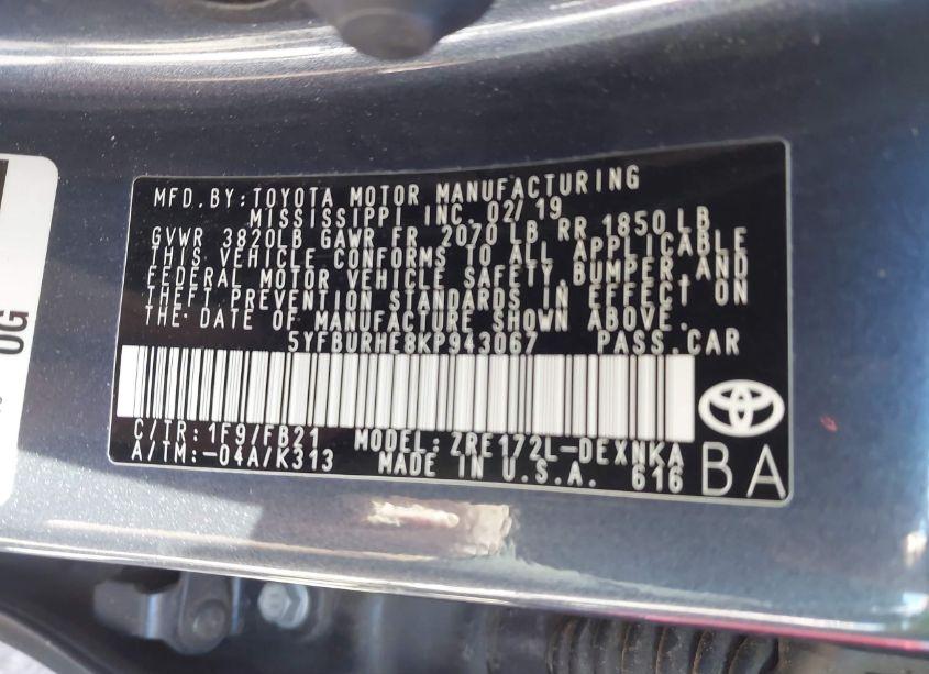 Photo 9 of 2019 Toyota Corolla LE (VIN 5YFBURHE8KP943067)