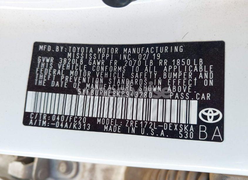 Photo 9 of 2019 Toyota Corolla SE (VIN 5YFBURHE8KP943280)