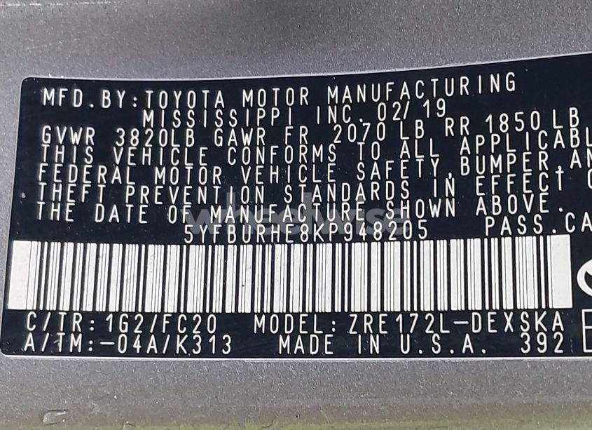 Photo 9 of 2019 Toyota Corolla SE (VIN 5YFBURHE8KP948205)