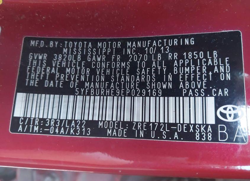 Photo 9 of 2014 Toyota Corolla L/LE/LE PLS/PRM/S/S PLS (VIN 5YFBURHE9EP029169)