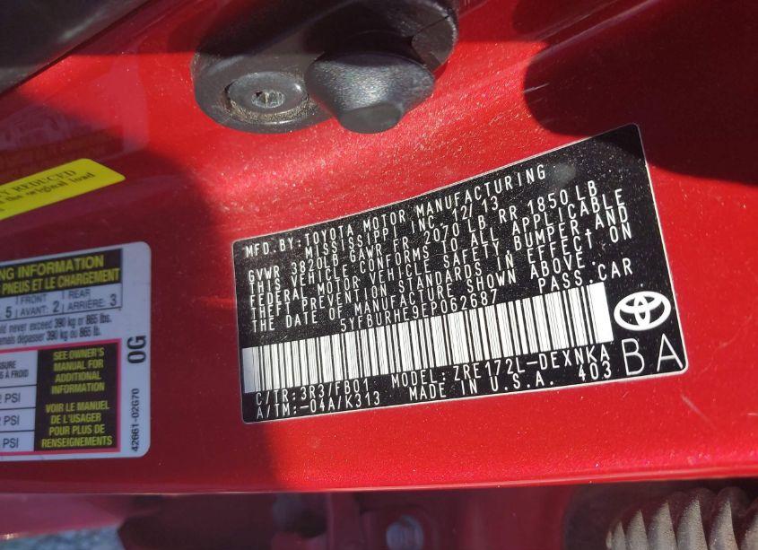 Photo 9 of 2014 Toyota Corolla LE (VIN 5YFBURHE9EP062687)