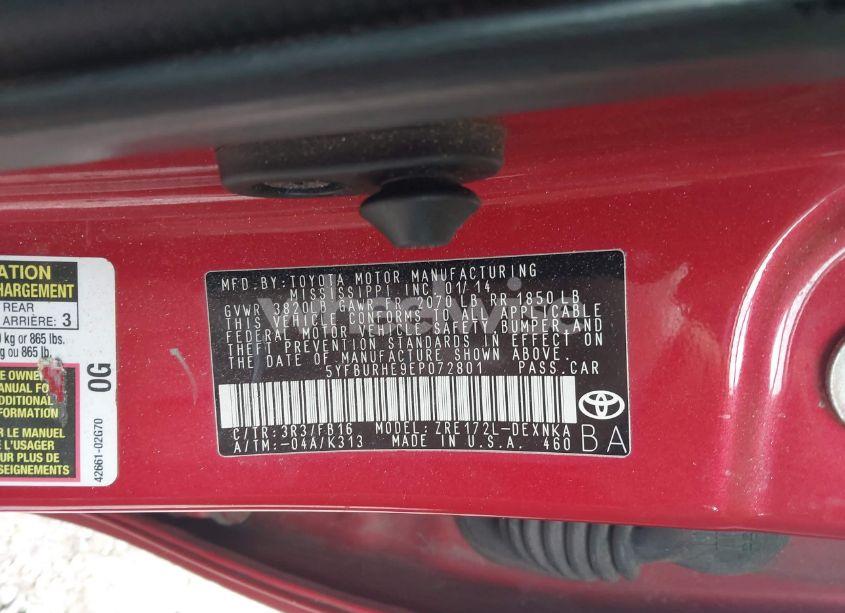 Photo 9 of 2014 Toyota Corolla LE (VIN 5YFBURHE9EP072801)