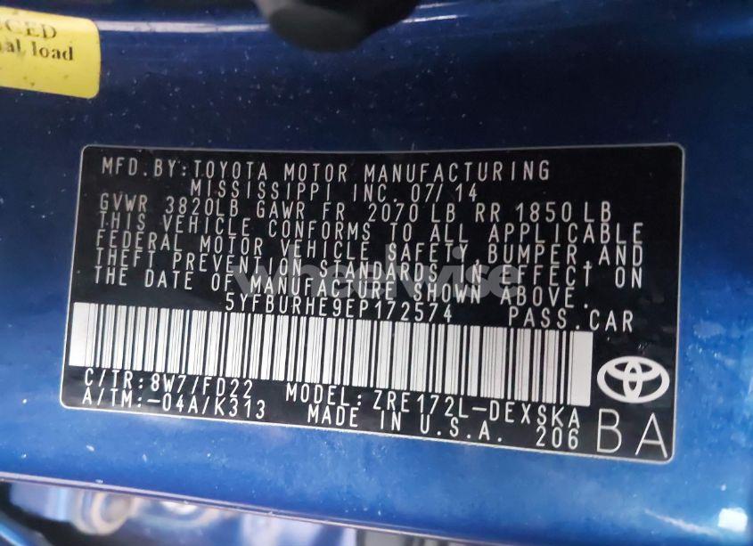 Photo 9 of 2014 Toyota Corolla L/LE/LE PLS/PRM/S/S PLS (VIN 5YFBURHE9EP172574)