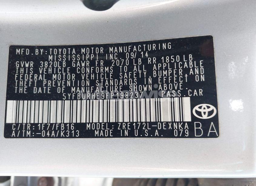 Photo 9 of 2015 Toyota Corolla LE/LE PLUS/LE PREMIUM (VIN 5YFBURHE9FP198237)