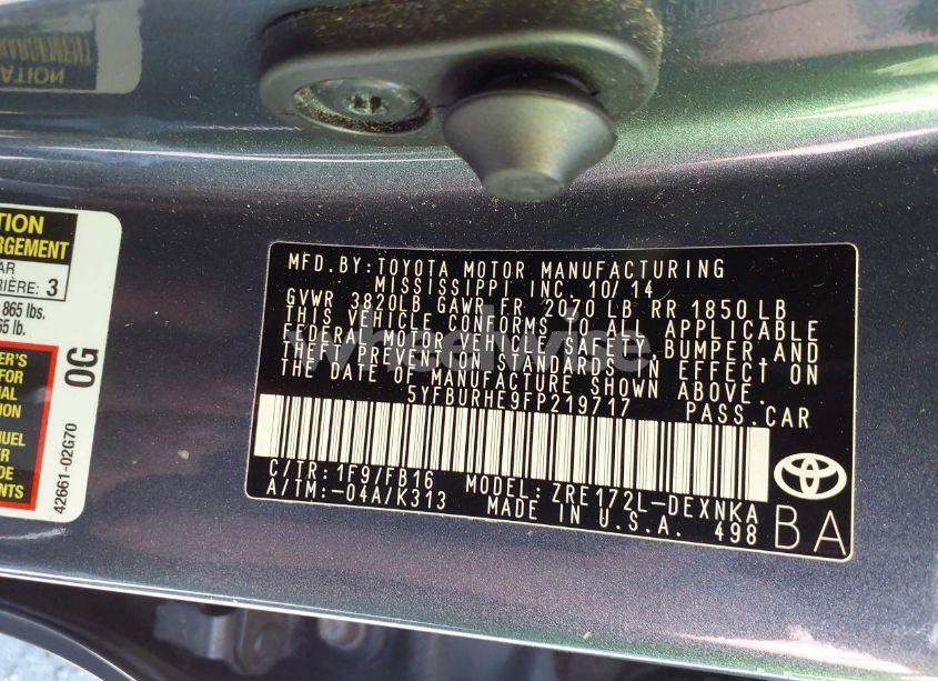 Photo 9 of 2015 Toyota Corolla LE (VIN 5YFBURHE9FP219717)