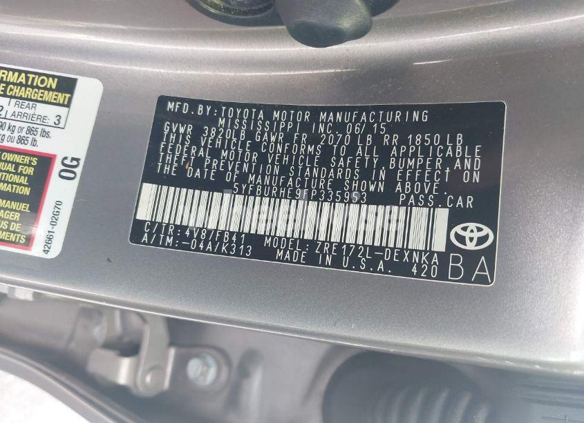 Photo 9 of 2015 Toyota Corolla LE (VIN 5YFBURHE9FP335953)