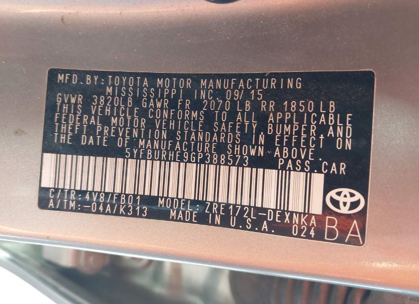 Photo 9 of 2016 Toyota Corolla L/LE/LE PLS/PRM/S/S PLS (VIN 5YFBURHE9GP388573)