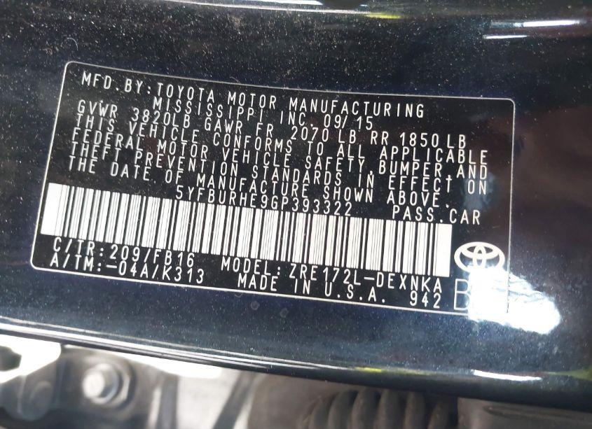 Photo 9 of 2016 Toyota Corolla LE (VIN 5YFBURHE9GP393322)