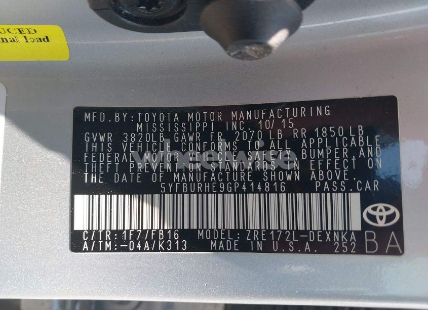 Photo 9 of 2016 Toyota Corolla LE (VIN 5YFBURHE9GP414816)